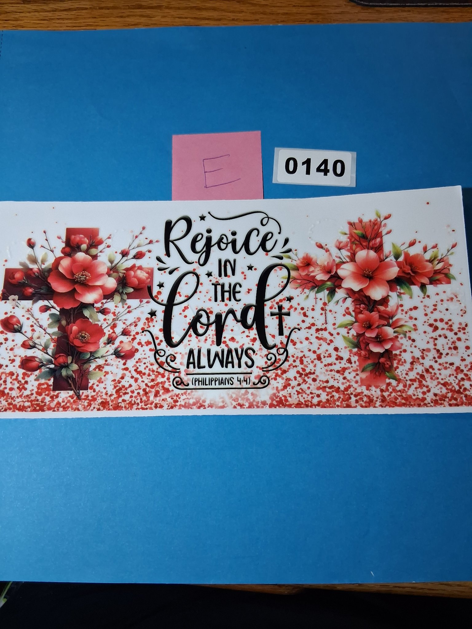Drinkware Wrap — 140E "Rejoice in the Lord Always" Red Floral Cross (16 oz)